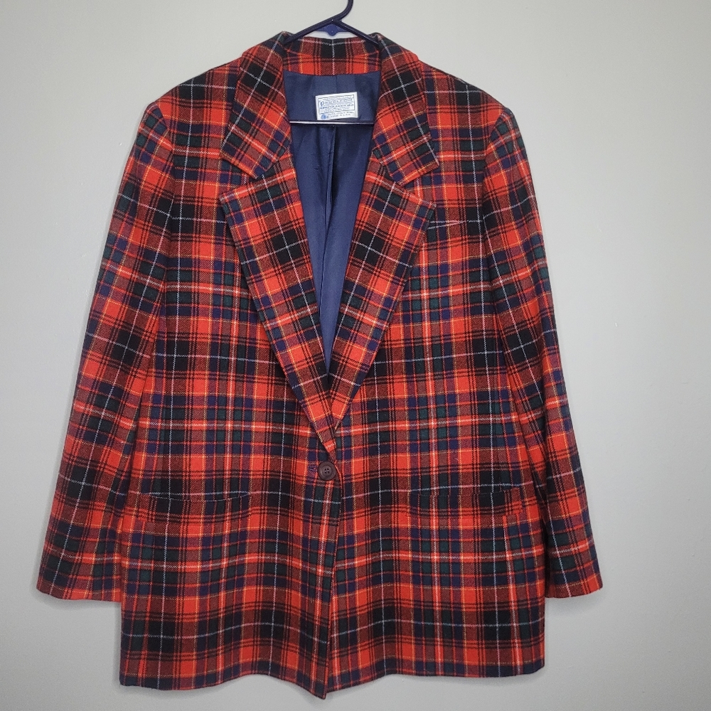 VTG Pendleton 100% Wool Tartan Plaid Blazer Jacket Single Button